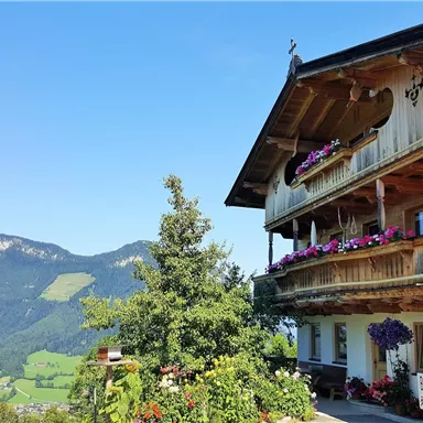 Ein traditionelles österreichisches Haus mit Balkonen voller Blumen. Im Hintergrund sind majestätische Berge und eine grüne Landschaft zu sehen.