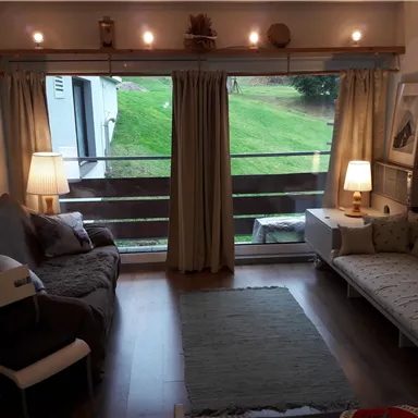 A cozy living room with two sofas and plenty of natural light. Outside, a green meadow can be seen.