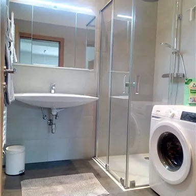 Ein modernes Badezimmer mit einer Dusche und einem Waschbecken. Eine Waschmaschine steht ebenfalls im Raum.