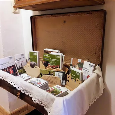 Ein Holztisch mit einer weißen Tischdecke, auf dem verschiedene Broschüren und Informationsmaterialien liegen. Der Tisch steht in einer gemütlichen Ecke und vermittelt einen einladenden Eindruck.