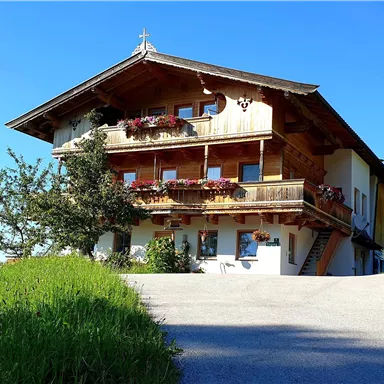 Ein traditionelles Gebäude in Alpenstil mit Holzverzierungen und Blumenkästen. Die grüne Umgebung und der blaue Himmel verleihen der Szene eine einladende Atmosphäre.