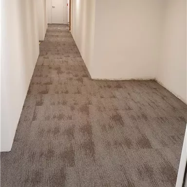 A long, bright corridor with gray carpet. The walls have white walls and some ceiling lights.
