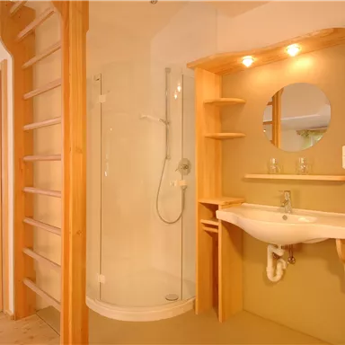 A modern bathroom with a shower cabin and a sink. The walls are painted in soft colors and there are wooden elements.