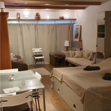 A cozy apartment with a wooden ceiling and warm light. The room features a living area with a sofa, table, and chairs.