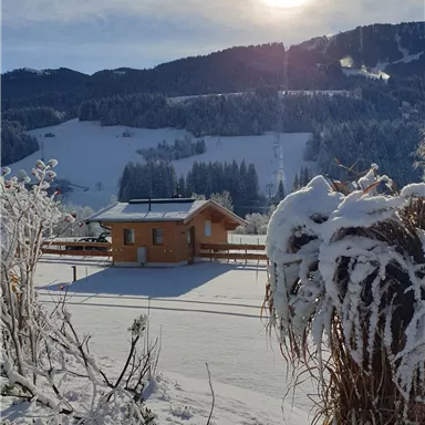 A charming wooden house stands in a snowy landscape. The sun shines over the snow-covered hills.