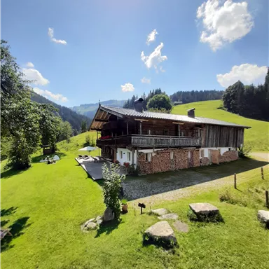A cozy wooden house surrounded by green grass and trees. In the background, gentle hills and a blue sky with a few clouds can be seen.