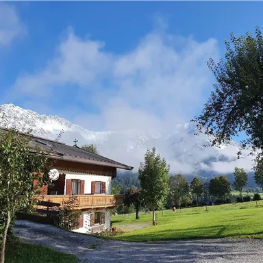 Ein gemütliches Haus mit Holzverkleidung liegt in einer grünen Wiese. Im Hintergrund sind majestätische Berge und ein klarer Himmel zu sehen.