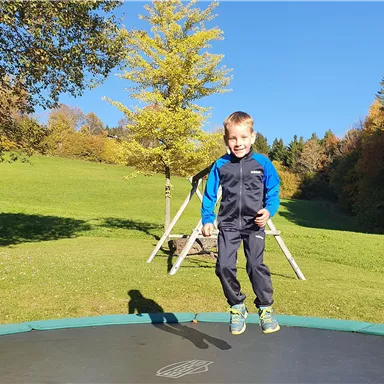 Ein Junge springt fröhlich auf einem Trampolin in einem grünen Garten. Der Himmel ist blau und die Bäume zeigen herbstliche Farben.