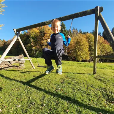 Ein Junge schwingt fröhlich auf einer Schaukel im Freien. Im Hintergrund sind grüne Wiesen und bunte Bäume zu sehen.