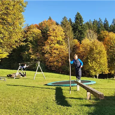 Ein Kind spielt auf einem Trampolin und balanciert auf einem Holzstamm. Im Hintergrund sind herbstliche Bäume und eine Schaukel zu sehen.