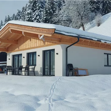 A modern house in the snow, surrounded by snow-covered trees. The mountains in the background provide a picturesque backdrop.
