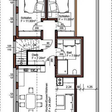 A floor plan of an apartment with two bedrooms, a bathroom, and a living area. The rooms are clearly arranged and well-proportioned.