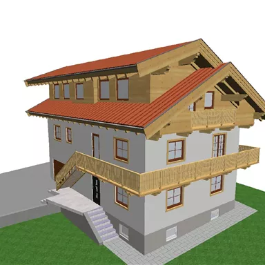 A modern two-story house with a red roof and a balcony. It has a bright façade and an attractive entrance.