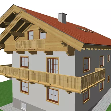 A modern house with a red roof and wooden siding. It has several windows and a wooden balcony.