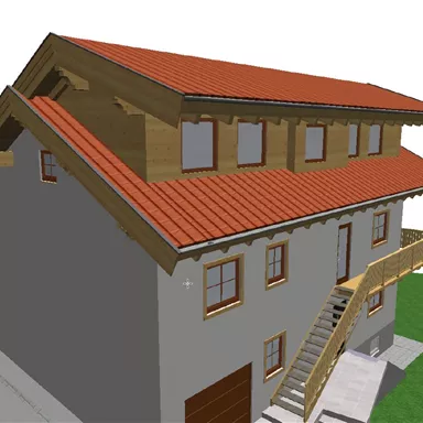 A modern house with a red gable roof and wooden details. The facade is gray and there is an outdoor staircase to the entrance.