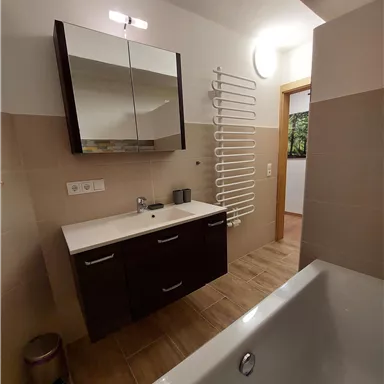 A modern bathroom with a sink, a large mirror, and a bathtub. The walls are tiled in light colors and there is a towel warmer.
