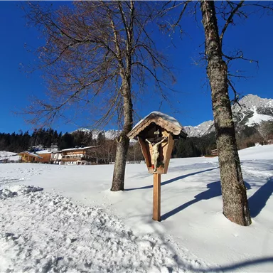 A winter view with snow-covered ground and two trees. In the foreground, there is a birdhouse in front of a picturesque mountain backdrop.