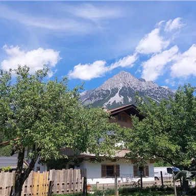 A picturesque house surrounded by green trees and an impressive mountain landscape. The sky is clear with some white clouds.