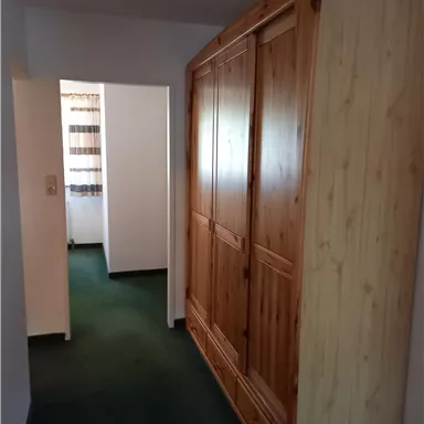 Ein Flur mit einem großen Holzschrank an der Wand. Der Boden ist grün und es gibt eine offene Tür, die in einen weiteren Raum führt.