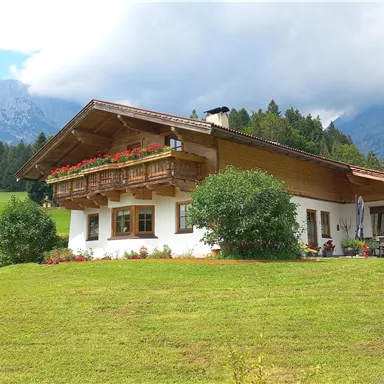 Ein schönes Haus mit einem großen Garten in den Alpen. Im Hintergrund sind mächtige Berge und ein bewölkter Himmel zu sehen.