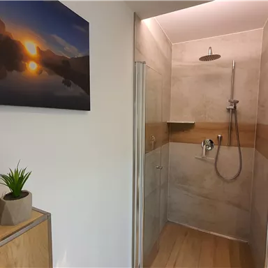 A modern bathroom with a shower and elegant tiles. On the wall hangs a picture of a landscape with a sunset.