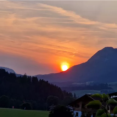 Ein schöner Sonnenuntergang hinter den Bergen, mit warmen Farben am Himmel. Im Vordergrund sind Bäume und ein Gebäude sichtbar.