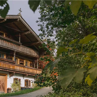 Ein traditionelles Holzhaus mit mehreren Stockwerken und einem grünen Garten. Umgeben von Bäumen und einer ruhigen Landschaft.