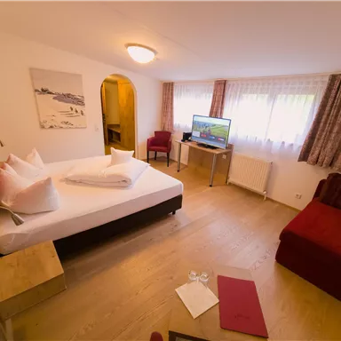 A cozy hotel room with a double bed, a red armchair, and a television. Large windows let in plenty of daylight.