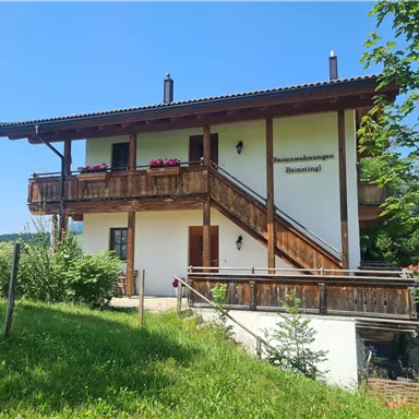 Ein gemütliches Holzhaus mit Balkon inmitten grüner Natur. Der klare Himmel und die umliegenden Pflanzen sorgen für eine entspannte Atmosphäre.