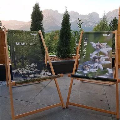Two loungers are on a terrace overlooking the mountains. The chairs are printed with images of plants.
