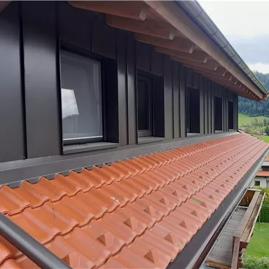A roof with red tiles and large windows. In the background, green meadows and mountains are visible.