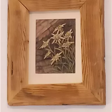 Ein gerahmtes Bild von weißen Blumen vor einem grauen Hintergrund. Der Rahmen ist aus hellem, unbehandeltem Holz.