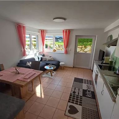 Ein gemütlicher Wohnraum mit einem Esstisch, einer Sitzecke und moderner Küchenausstattung. Große Fenster sorgen für viel Tageslicht und einen Blick nach draußen.