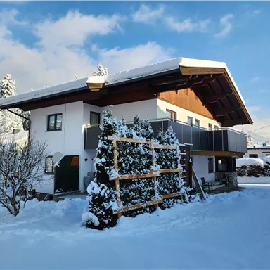 Ein schneeüberzogenes Haus mit Holzveranda in einer winterlichen Landschaft. Im Vordergrund sind schneebedeckte Pflanzen zu sehen.