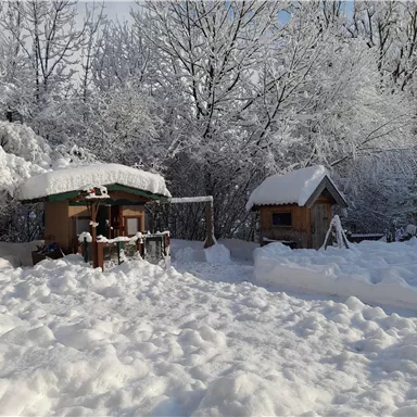 A snowy winter landscape with two small cabins. The trees are covered in snow, and the scenery appears peaceful and calm.