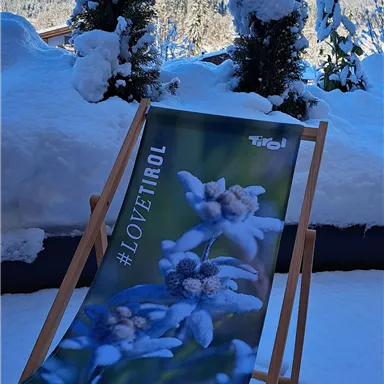 A deck chair with a floral pattern stands in the snow. In the background, snow-covered mountains and a blue sky are visible.