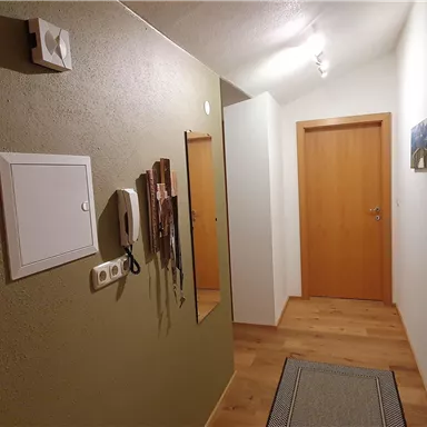 A narrow hallway with wooden floor and a green wall. Several doors lead to different rooms, and some objects are hanging on the wall.