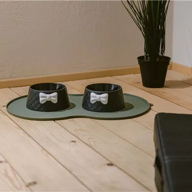 Zwei elegante Futterschalen mit weißen Schleifen auf einer grünen Matte. Im Hintergrund steht ein Topf mit Pflanzen.