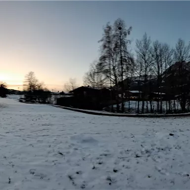 A snowy landscape with trees and a gentle sunset in the background. Hills can be seen on the left, and on the right side stands a building.