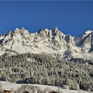 An impressive mountain landscape with snow-capped peaks under a clear blue sky. In the foreground, there are wooded slopes and some cabins.