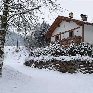 Ein gemütliches Haus im Schnee, umgeben von schneebedeckten Bäumen. Die Landschaft ist friedlich und winterlich.