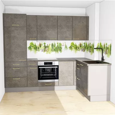 Eine moderne Küche mit grauen Schränken und einer Arbeitsplatte aus Beton. An der Wand befindet sich eine grüne Pflanzenillustration, die frische Akzente setzt.