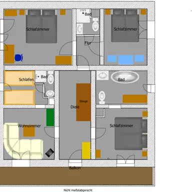 Eine Wohnungsgrundriss mit mehreren Zimmern, darunter Schlafzimmer, Badezimmer und ein Wohnzimmer. Der Plan zeigt auch Balkone und einen Flur.