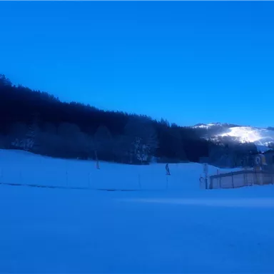 A snowy landscape under a clear blue sky. In the background, there are gentle hills and snow-covered trees.