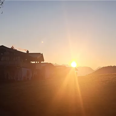 A beautiful sunset over the mountains, with a rustic house in the foreground. The gentle hills and the golden light mood create a peaceful atmosphere.