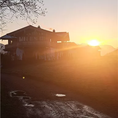 A house at sunset, surrounded by nature. The warm light mood creates a peaceful atmosphere.