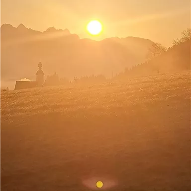 A sunrise over gentle hills with a golden sky. The landscape is bathed in warm light and radiates tranquility.