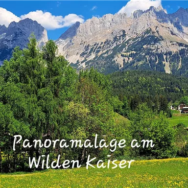 A picturesque landscape with the Wilder Kaiser in the background. In the foreground are trees and a beautiful house on a meadow.