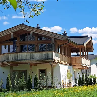 Modern chalets surrounded by green meadows under a clear blue sky. The architecture combines tradition and style in a picturesque landscape.
