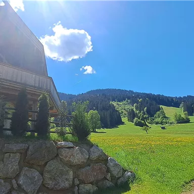 An idyllic landscape with lush greenery and gentle hills. In the foreground, a traditional house and a path can be seen.